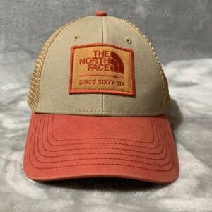 The North Face Hat Men's Adjustable Mesh Trucker Tan Rust Colorway Logo Spellout